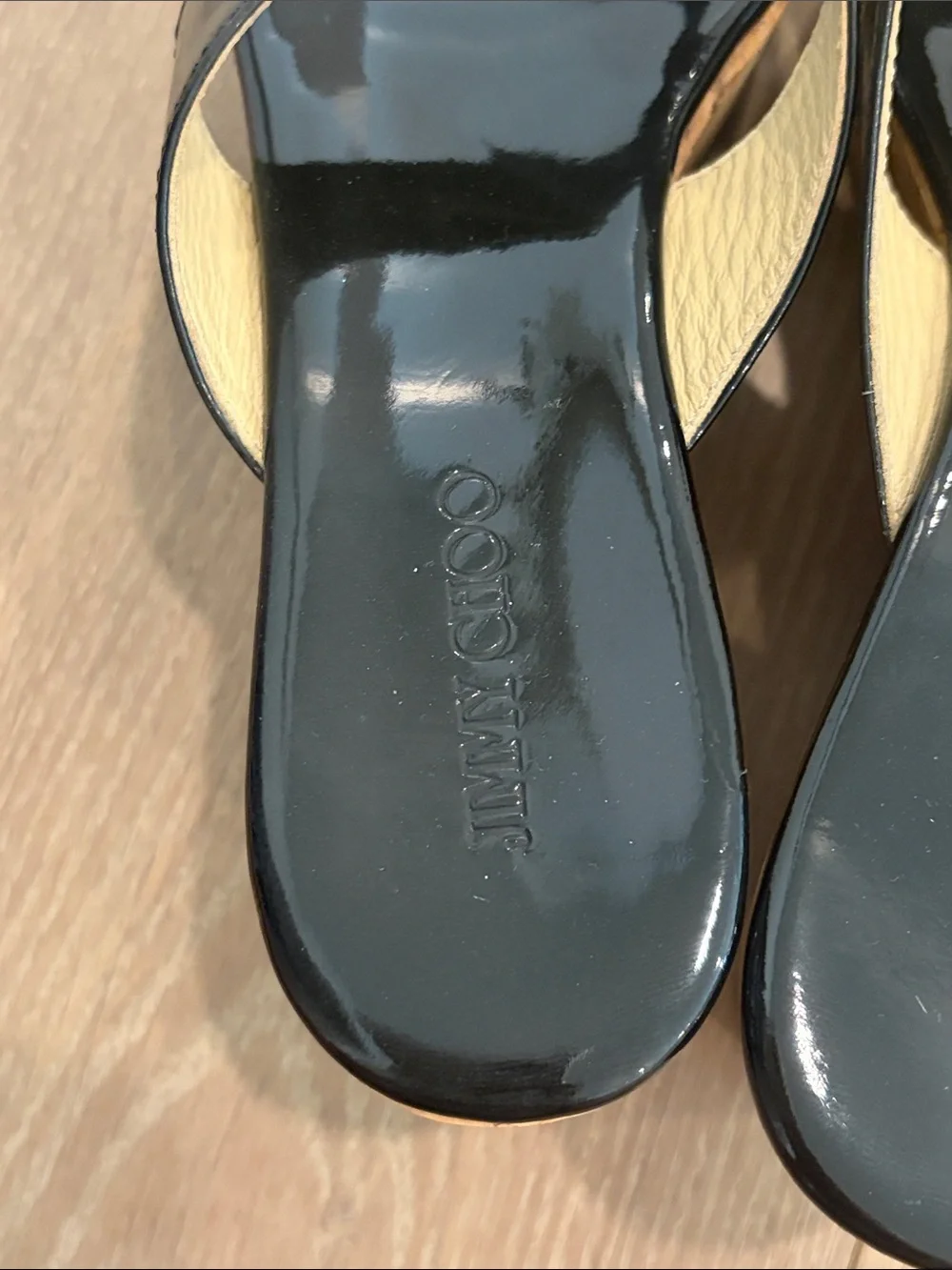 Jimmy Choo Black Patent Cork Wedge Thong Sandals with Gold Toe